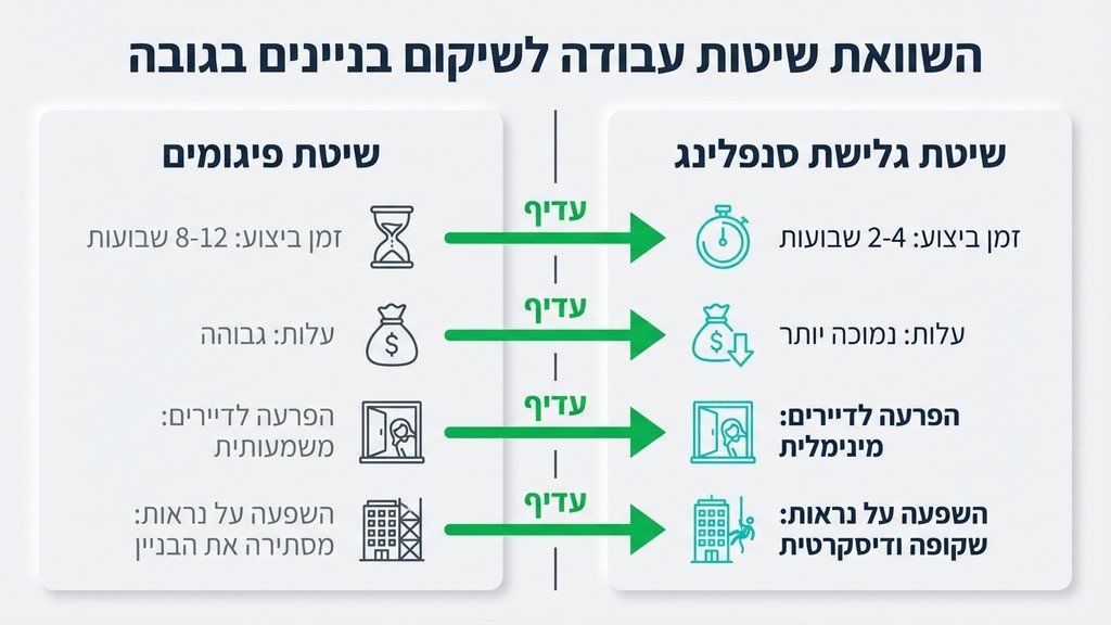 עובד סנפלינג מקצועי מבצע עבודות שיקום בחזית בניין מגורים