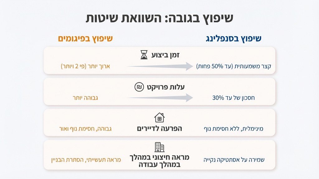 בניין מגורים מודרני לאחר שיפוץ חזיתות ללא פיגומים