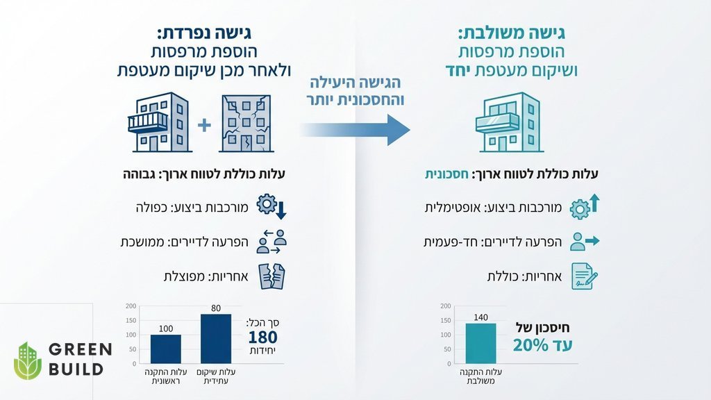 צוות פועלי בניין מתקינים קונסטרוקציית מרפסת פלדה על מבנה קיים